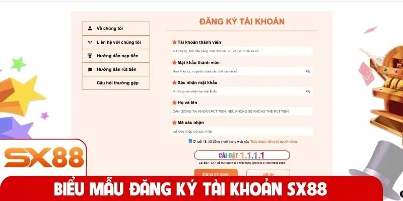 Biểu mẫu đăng ký tài khoản SX88