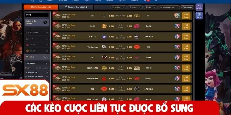 Các kèo cược liên tục được bổ sung