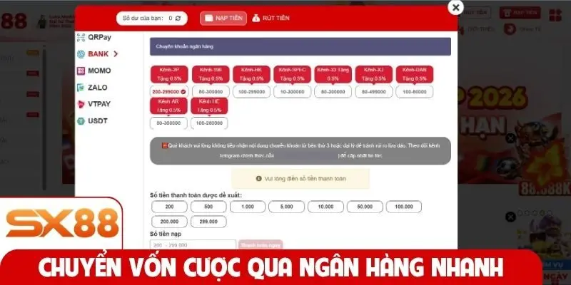 Chuyển vốn cược qua ngân hàng nhanh và an toàn cao
