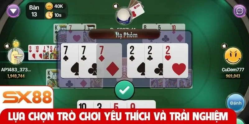 Lựa chọn trò chơi yêu thích và trải nghiệm tại SX88