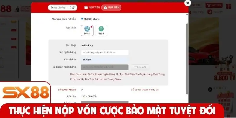 Thực hiện nộp vốn cược bảo mật tuyệt đối qua USDT